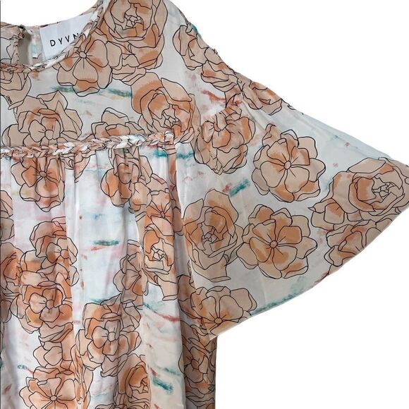 DYVNA Orange/White Floral Silk Bell Sleeve Braided Trim Shift Dress - Picture 9 of 12